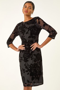 Roman Black Floral Flock Pleat Detail Dress