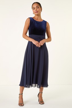 Roman Petite Midnight Blue Velvet Bodice Midi Dress