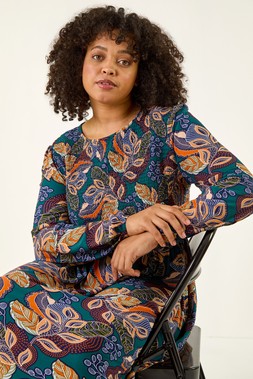 Roman Curve Floral Print Shirred Midi Dress