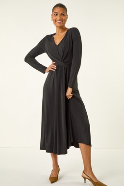 Black Twist Front Stretch Midi Dress