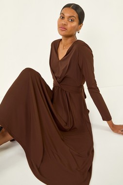 Roman Chocolate Twist Front Stretch Midi Dress