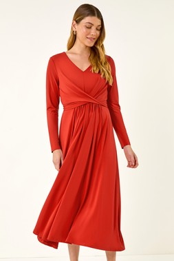 Dark Orange Twist Front Stretch Midi Dress