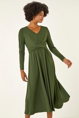 Roman Forest Twist Front Stretch Midi Dress