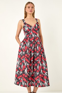 Roman Sweet Heart Floral Print Stretch Dress