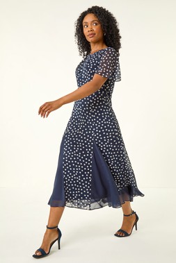 Roman Petite Navy Spot Print Godet Hem Midi Dress