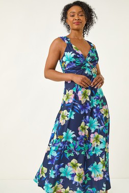 Roman Petite Navy Floral Twist Maxi Dress