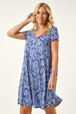 Roman Petite Printed V-Neck Pocket Swing Dress