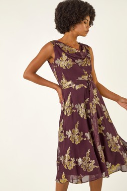 Roman Metallic Jacquard Cowl Neck Midi Dress