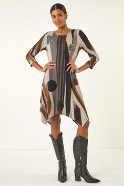Roman Tan Geo Print Hanky Hem Stretch Dress