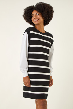 Roman Black Striped Shirt Knit Dress