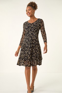 Roman Black Geo Print Lace Stretch Dress