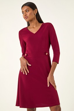 Roman Wine V-Neck Buttoned Stretch Dress