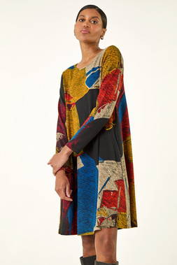 Roman Black Abstract Print Swing Dress