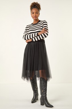 Roman Black Stripe Print Mesh Midi Dress