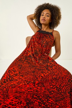 Roman Red Abstract Print Trim Detail Midi Dress