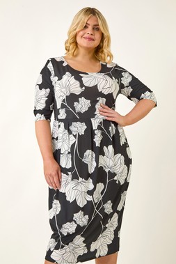 Roman Curve Black Floral Print Pocket Dress