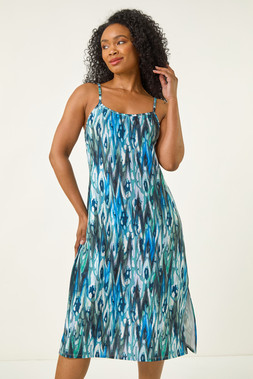 Roman Petite Blue Strappy Abstract Shift Midi Dress