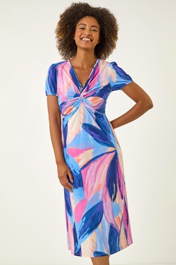Roman Light Blue Abstract Print Twist Front Midi Dress