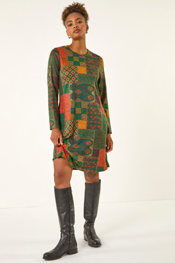 Roman Green Patchwork Print Button Swing Dress