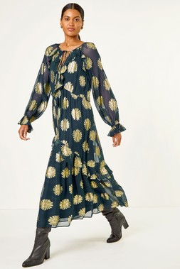 Roman Frill Brocade Midi Dress