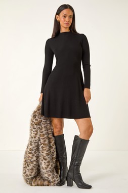 Roman Dusk Black Ribbed Skater Jumper Dress