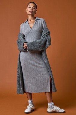 Roman Grey Collar Ribbed Knit Midi Dress