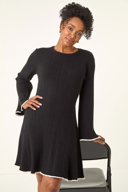 Roman Petite Black Contrast Trim Knit Dress