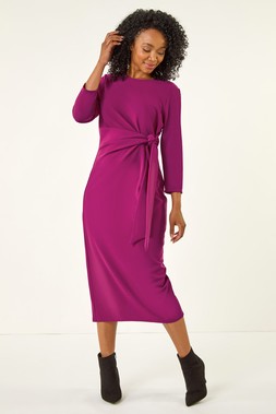 Roman Petite Magenta Tie Waist Stretch Midi Dress