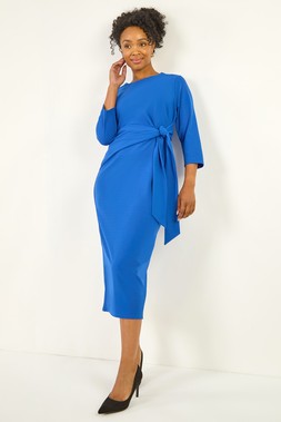 Roman Petite Royal Blue Tie Waist Stretch Midi Dress