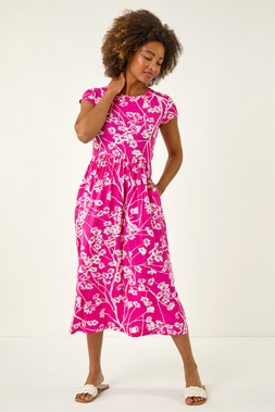 Roman Pink Floral Print Midi Stretch Dress