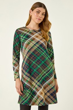 Roman Green Check Print Swing Pocket Dress