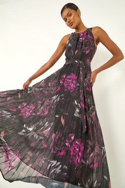 Roman Black Floral Pleated Halter Neck Maxi Dress