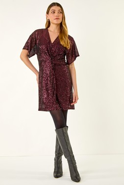 Magenta Sequin Twist Front Stretch Dress