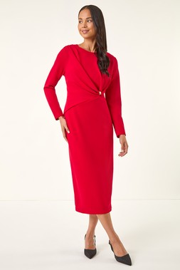 Roman Petite Red Gathered Stretch Midi Dress