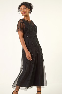 Roman Petite Black Embroidered Mesh Layered Dress