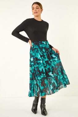 Teal Abstract Print Stretch Midi Dress