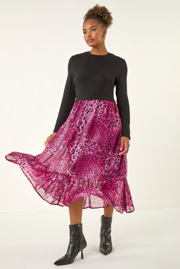 Roman Magenta Animal Print Stretch Midi Dress