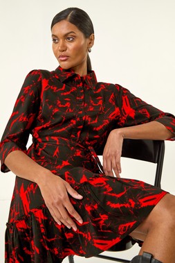 Roman Red Abstract Print Tie Waist Shirt Dress