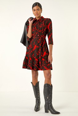 Roman Red Abstract Print Tie Waist Shirt Dress