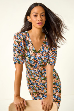 Roman Dusk Blue Floral Print Front Ruched Dress