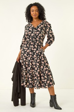 Roman Petite Black Floral Tiered Midi Dress