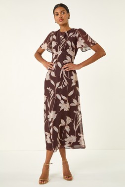 Roman Chocolate Floral Print Flutter Sleeve Midi Dress
