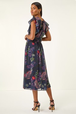 Roman Navy Floral Print Frill Midi Dress
