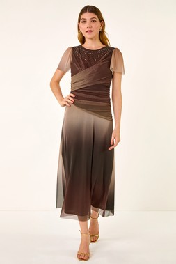 Роман Brown Embellished Ombre Mesh Midi Dress