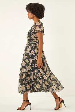 Roman Black Floral Print Mesh Midi Dress