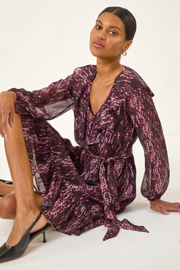 Roman Pink Animal Print Frill V-Neck Dress