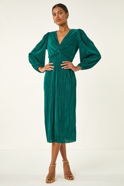 Roman Plisse Twist Front Midi Dress