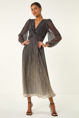 Roman Chocolate Ombre Plisse Twist Front Midi Dress