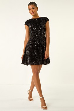 Roman Black Sequin Bow Back Flare Dress