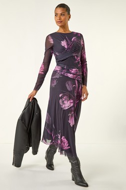 Roman Purple Floral Mesh Stretch Maxi Dress